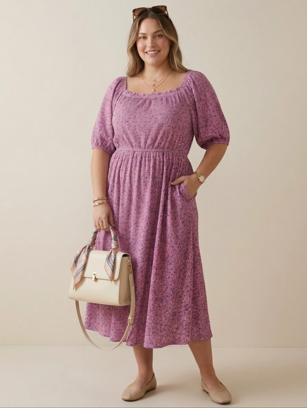 In February NWT Pink Ditsy Floral Pleated Puff Sleeve Midi Dress Size Large